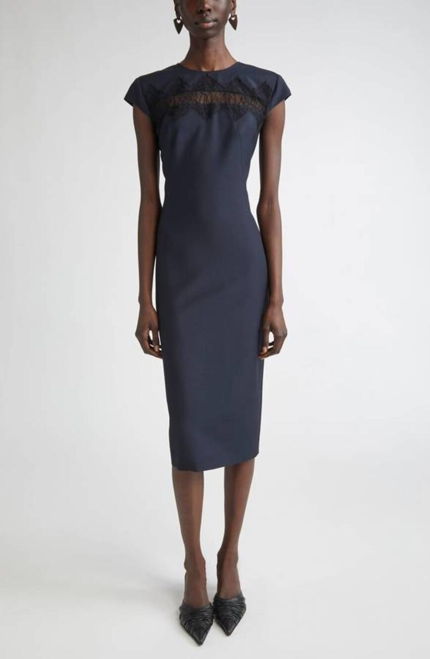 Alexander McQueen Day Lace Cutout Wool & Mohair Sheath Dress in Navy 42 US 6